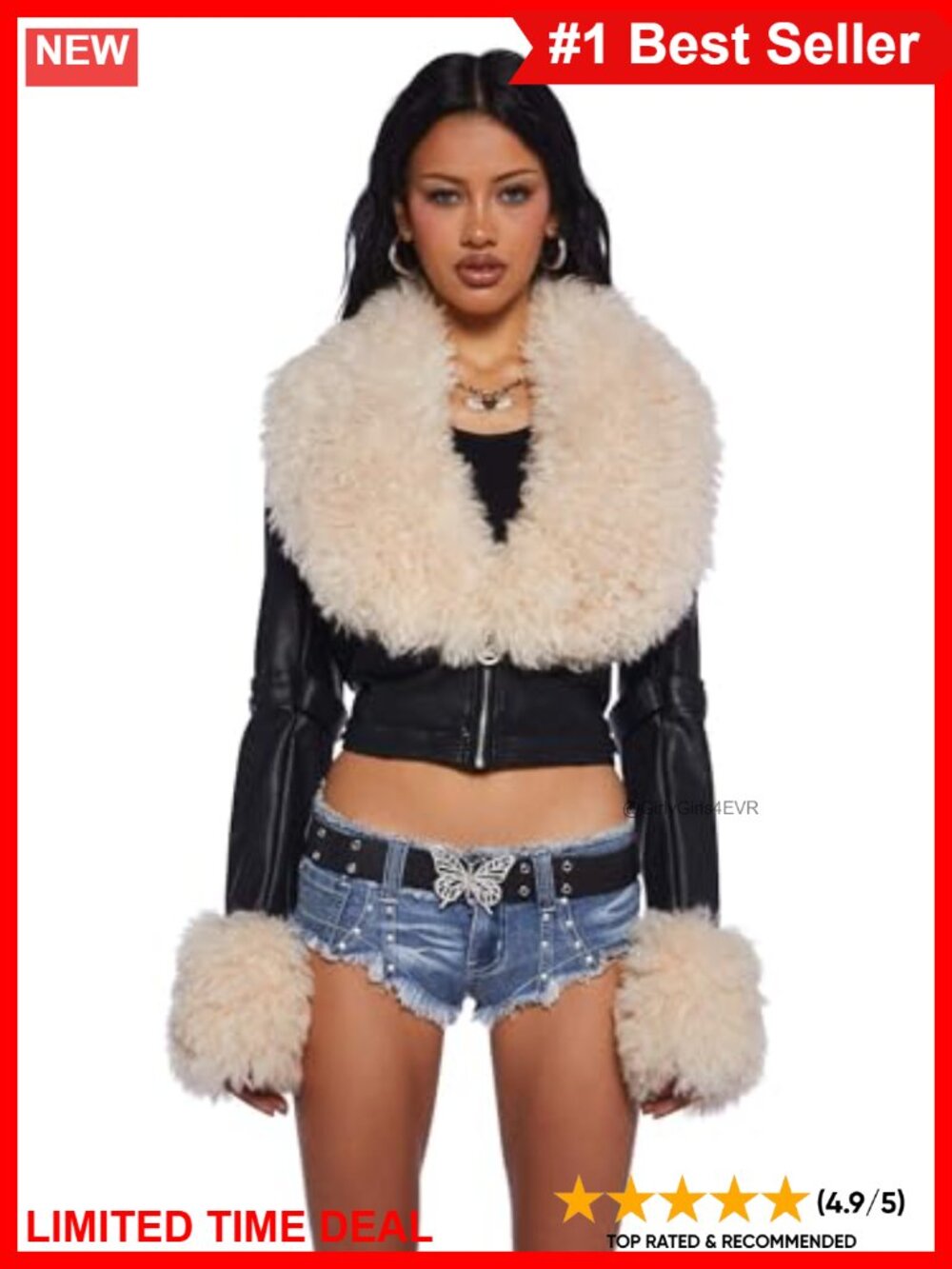 Cropped Vegan Leather Moto Jacket Faux Fur Trim Zip Moto Jacket